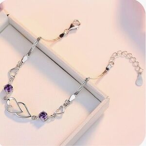 Sterling Silver Heart and Cubic Zirconia Purple Diamond Bracelet New